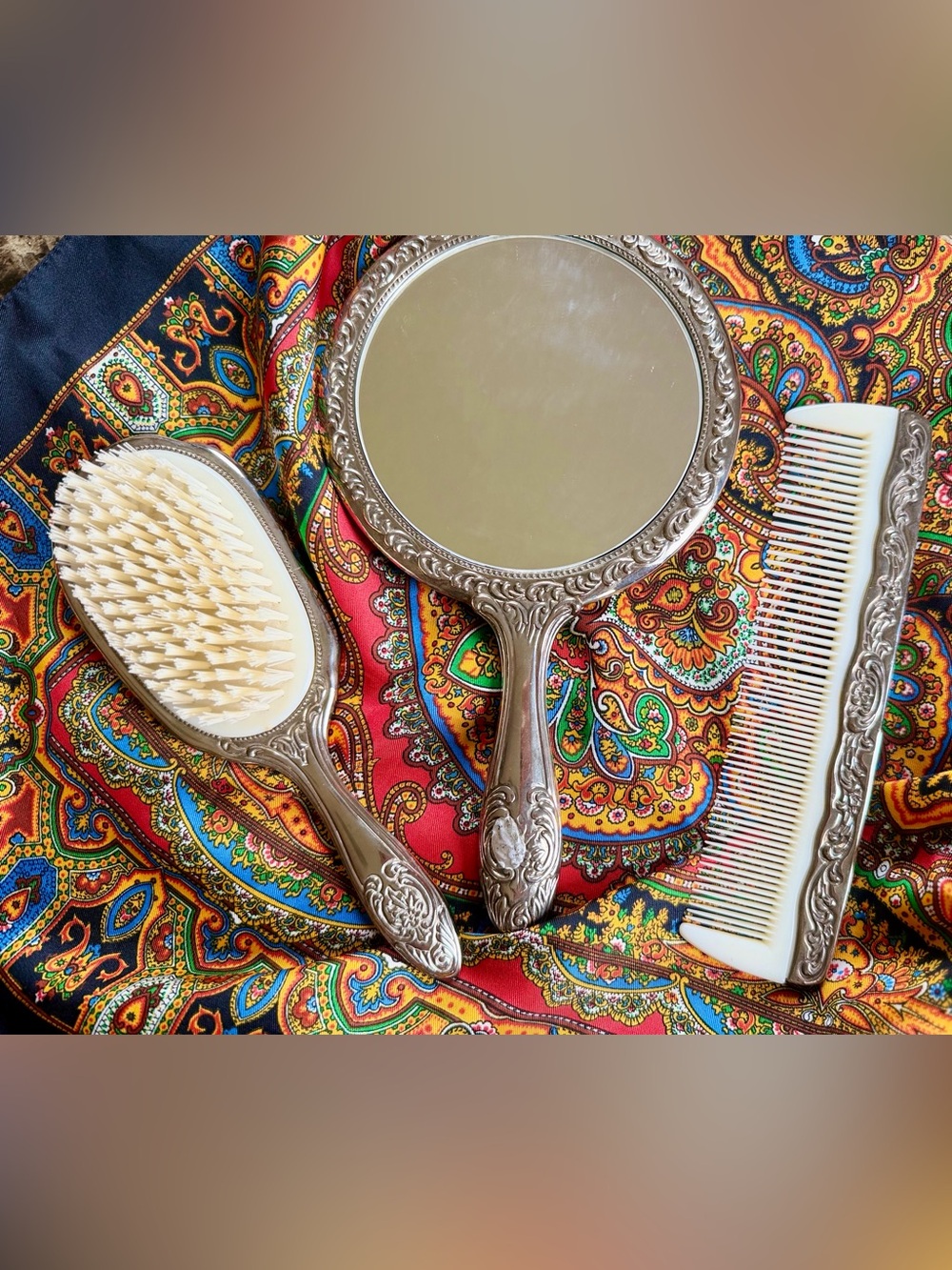 Antique Ornate Silver Plated Vanity Set Art Nouveau